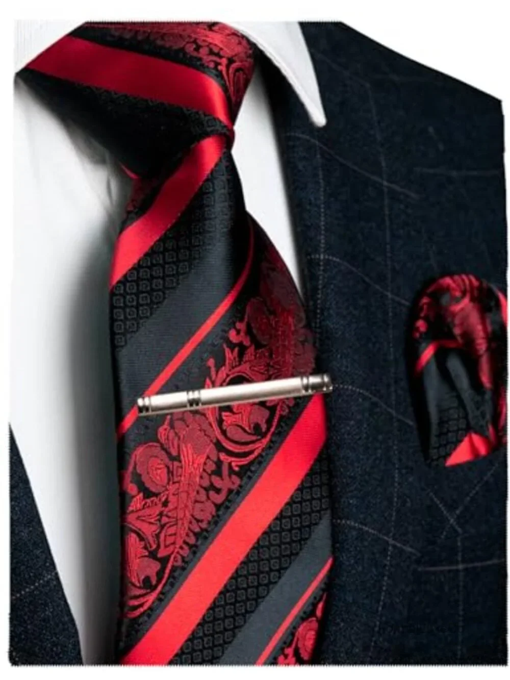 Mens Floral Jacquard Silk Blend Tie Set with Pocket Square and Tie Clip
